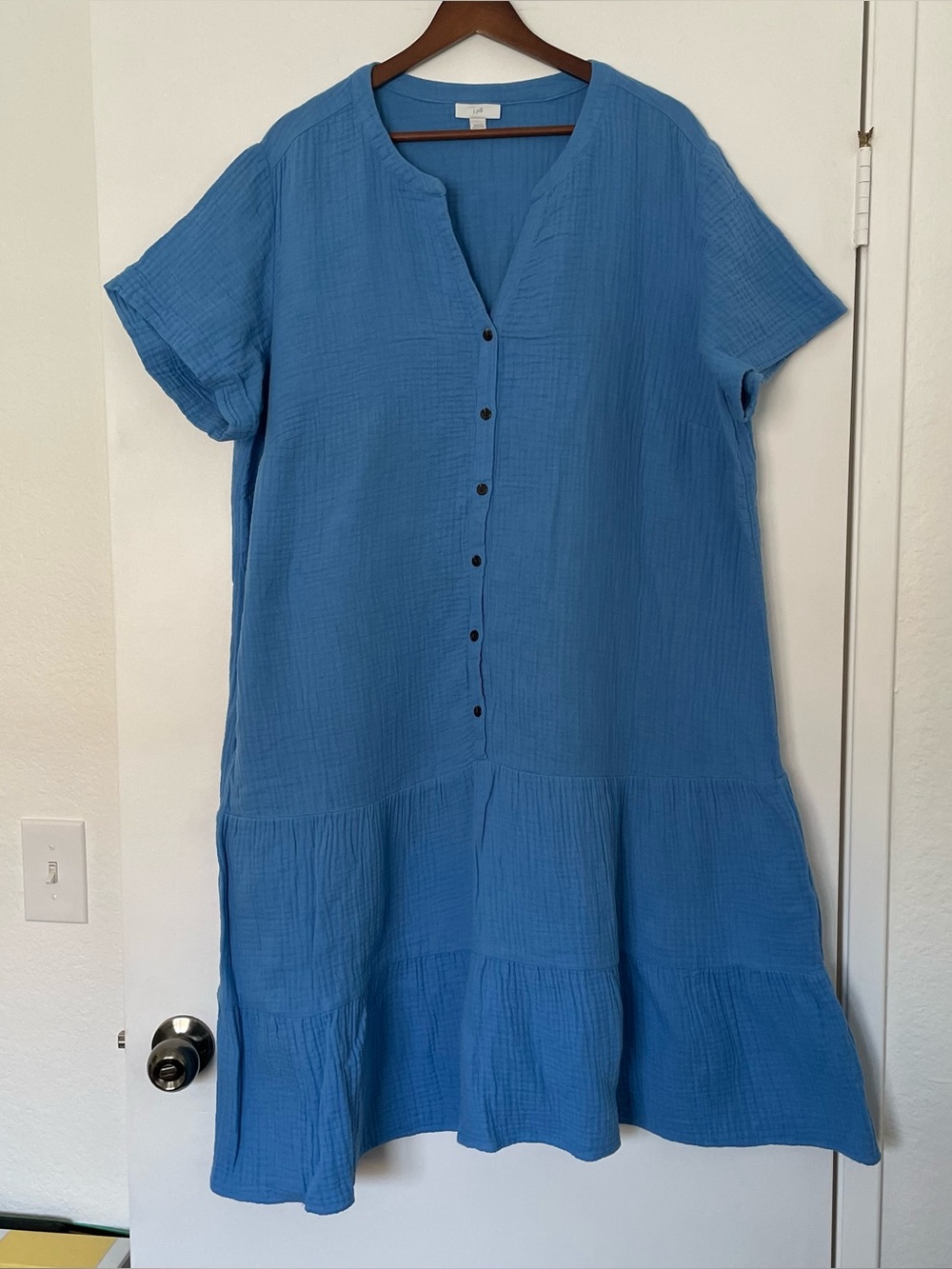 J Jill XL Blue Cotton Double Gauze Tiered Midi Dress Coastal Boho Lagenlook